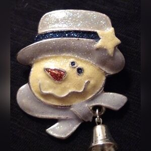 Quirky and Cute Snowman with Bell! Brooch Pin Blue Hat & Scarf